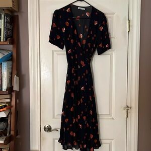 Reformation Navy Blue and Poppies wrap dress, never worn